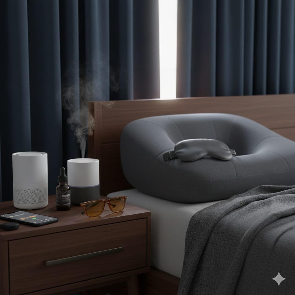 These products can improve your sleep quality:
Blackout curtains
White noise machine or sleep sound app
Weighted blanket
Memory foam pillow or ergonomic pillow
Essential oil diffuser with lavender oil
Sleep tracking device or app
Blue light blocking glasses
Sleep mask