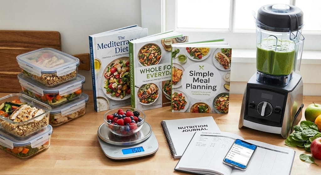 Here are valuable resources for healthy eating:
Meal prep containers set
Healthy cookbook collection (Mediterranean diet, whole foods, meal planning)
Food scale for portion awareness
Nutrition tracking journal or app subscription
Blender for smoothies and healthy recipes
