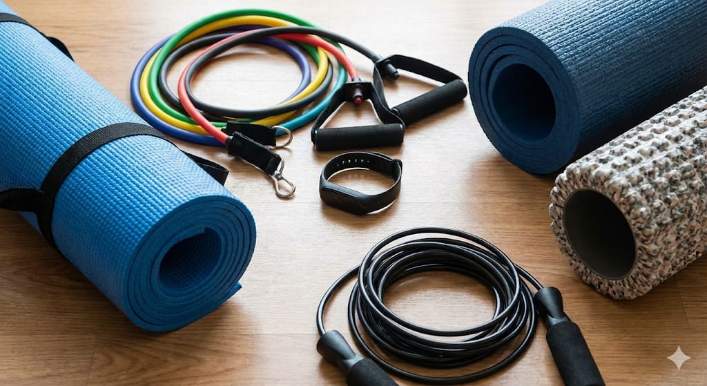 Here are some essential home workout equipment to get you started:
 Resistance bands set
Yoga mat with carrying strap
 Fitness tracker or smartwatch
 Jump rope
 Foam roller for recovery