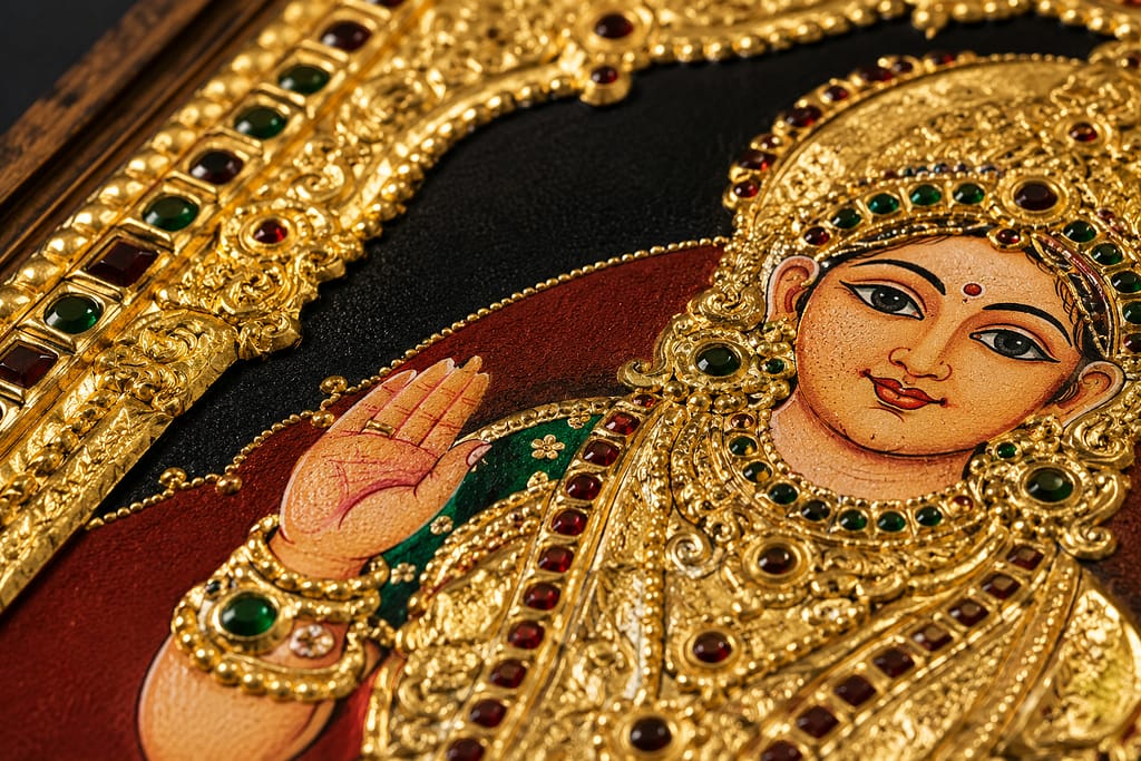 Close-up of a traditional Tanjore painting showing gold foil detail and embossing