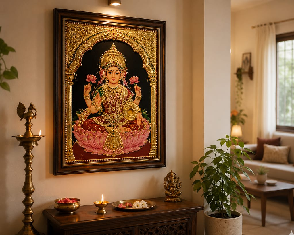 Tanjore painting displayed on a living room or prayer room wall in a home setting