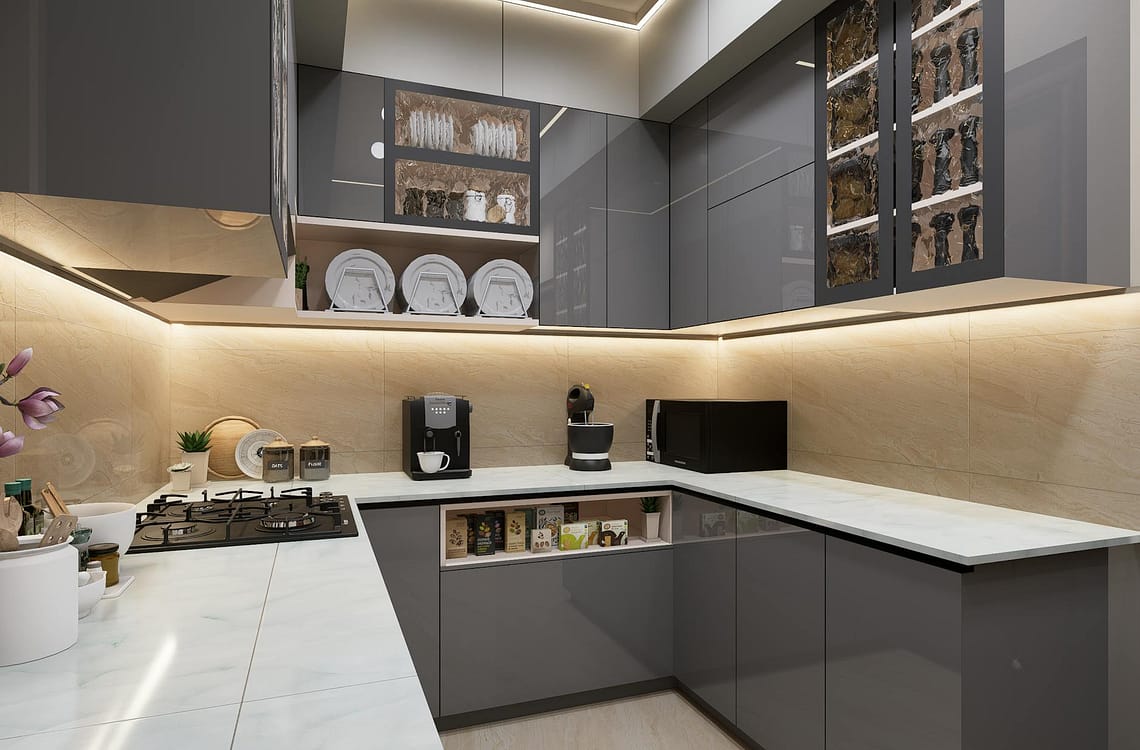 modern minimalist kitchen with grey cabinets
