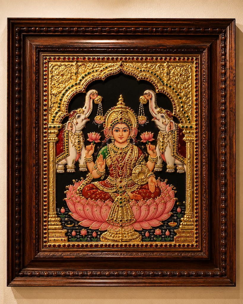 Authentic Tanjore painting in traditional teak wood frame